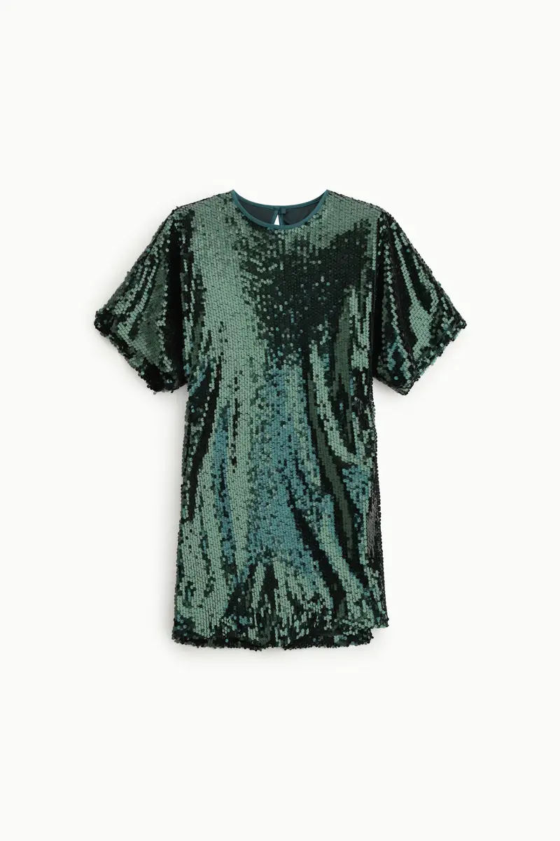 Abito corto con paillettes e maniche corte Verde