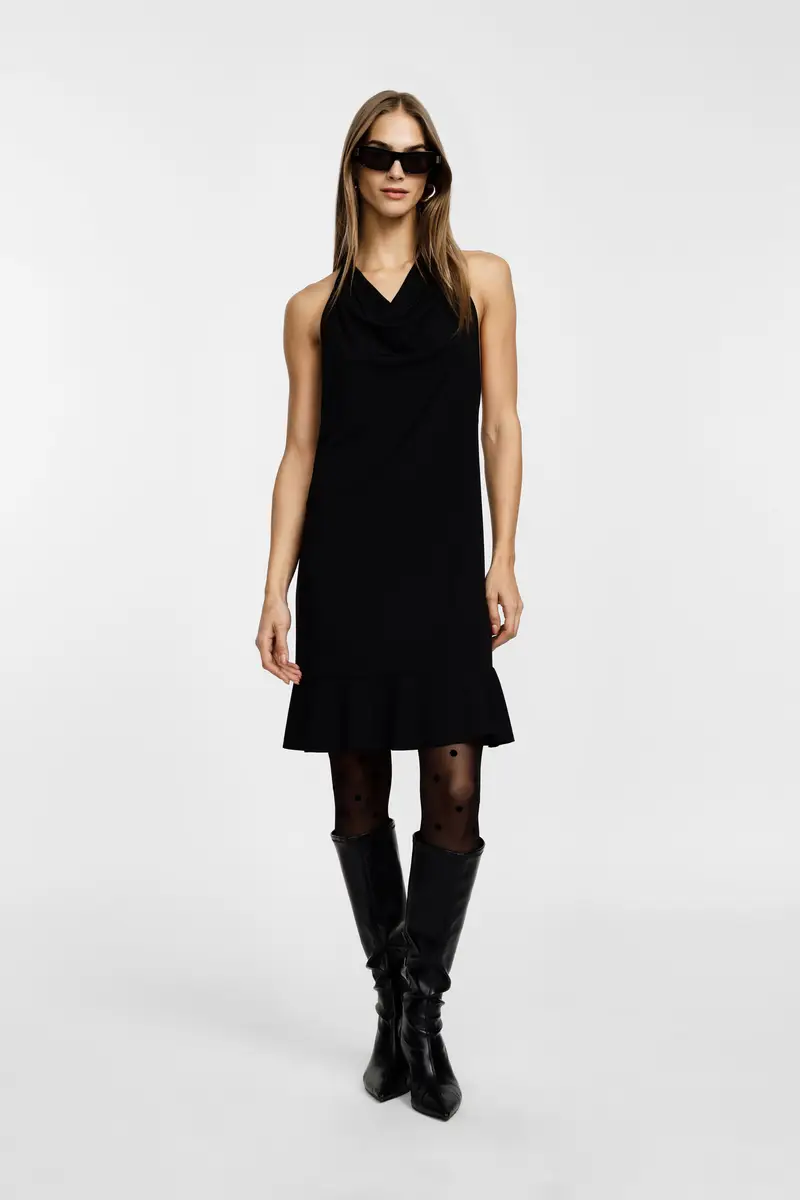 Abito corto con scollo all’americana e balza Nero miniatura 2