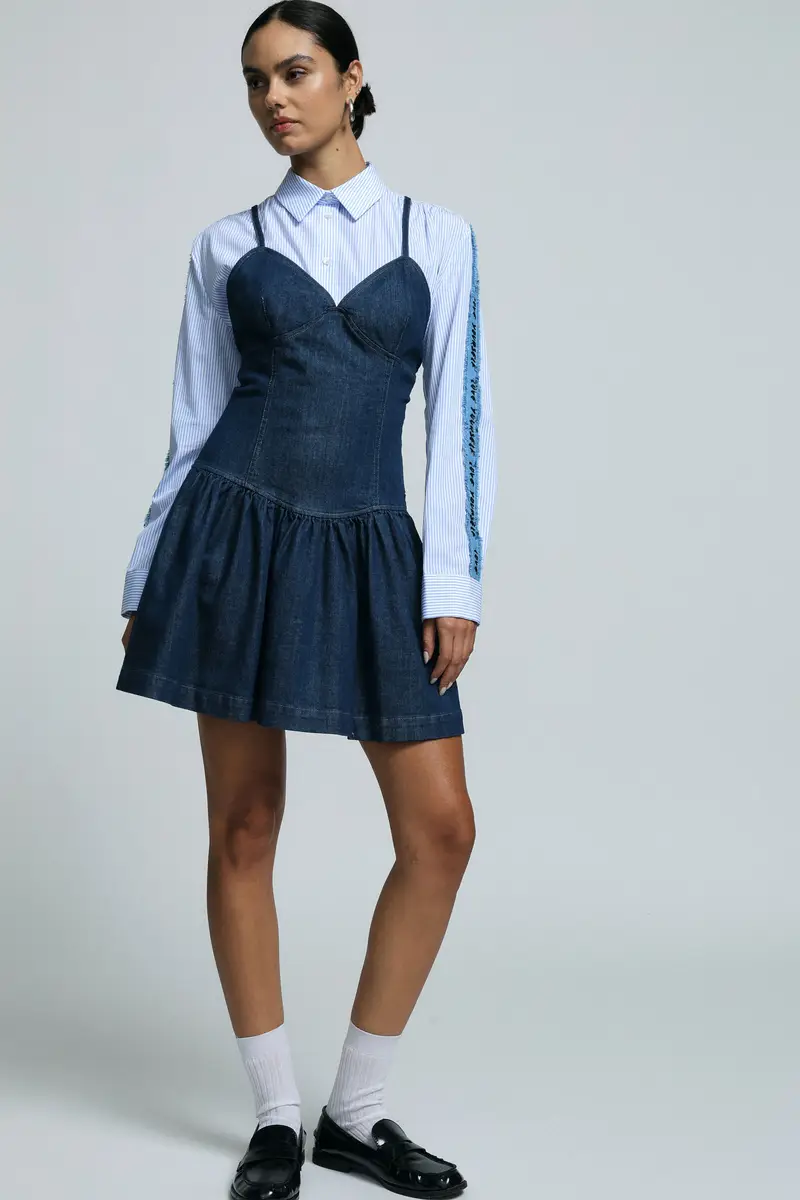 Abito corto con spalline e zip posteriore Blu denim miniatura 2