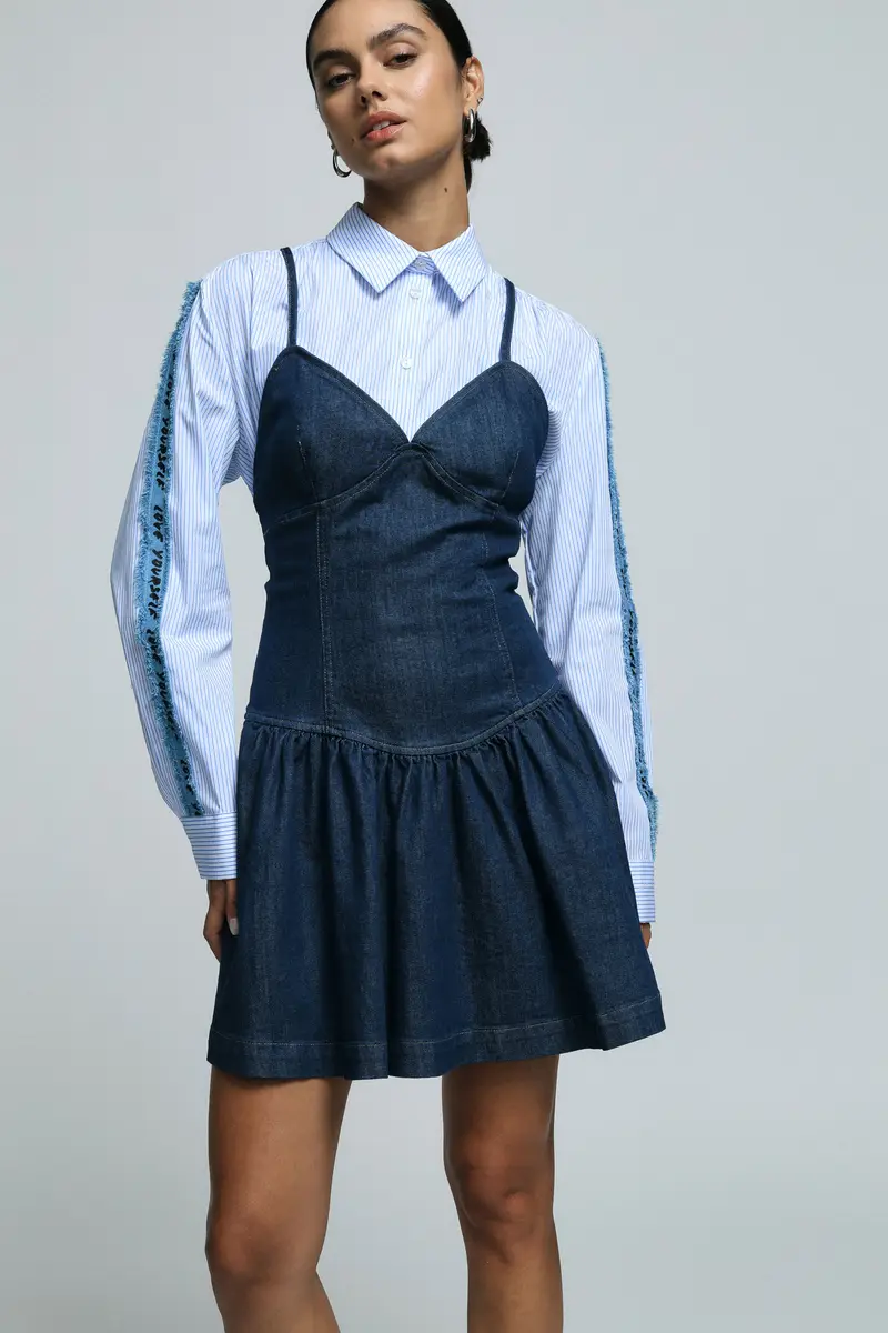 Abito corto con spalline e zip posteriore Blu denim miniatura 3