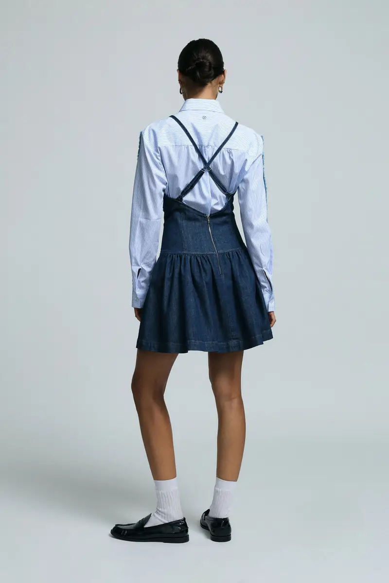 Abito corto con spalline e zip posteriore Blu denim miniatura 4