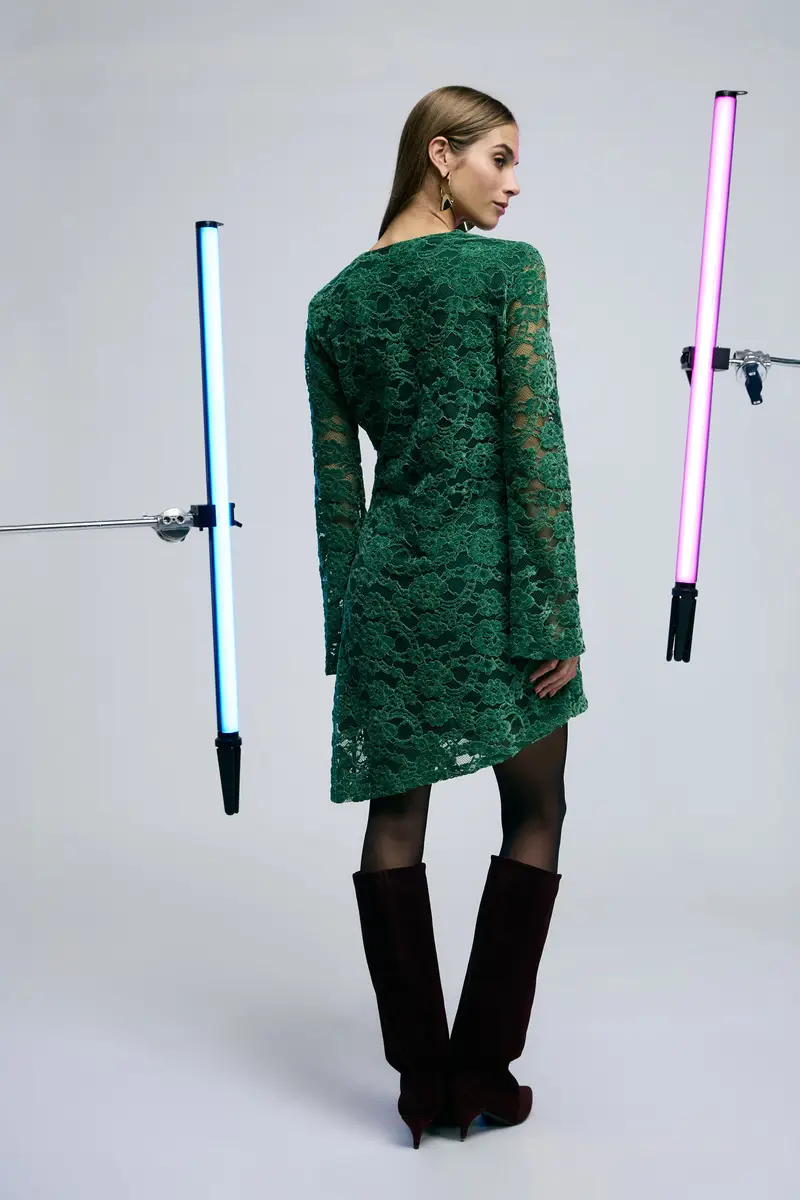 Abito corto in pizzo con maniche lunghe Verde miniatura 3