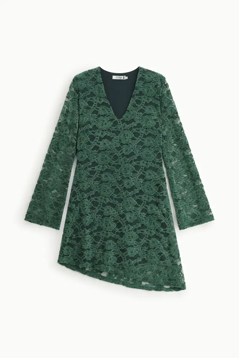 Abito corto in pizzo con maniche lunghe Verde