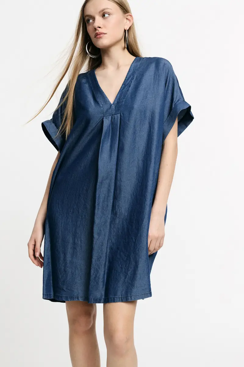 Abito corto scollo a v piega frontale relaxed Blu denim miniatura 2