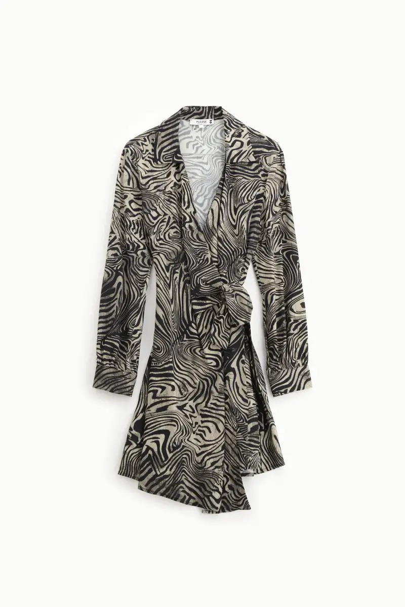 Abito corto stampato con maniche lunghe Nero