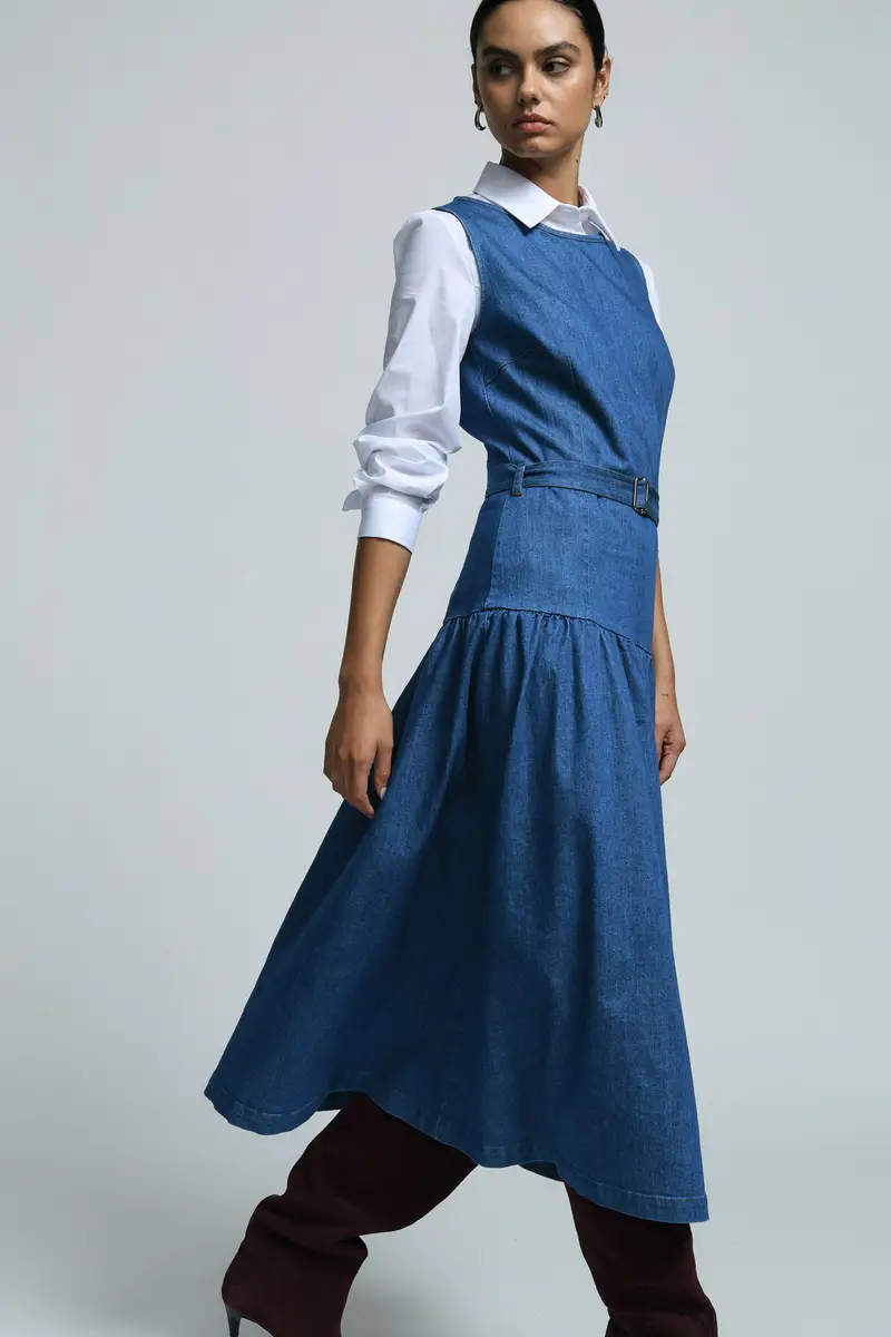 Abito lungo senza maniche con cintura in vita Blu denim miniatura 2