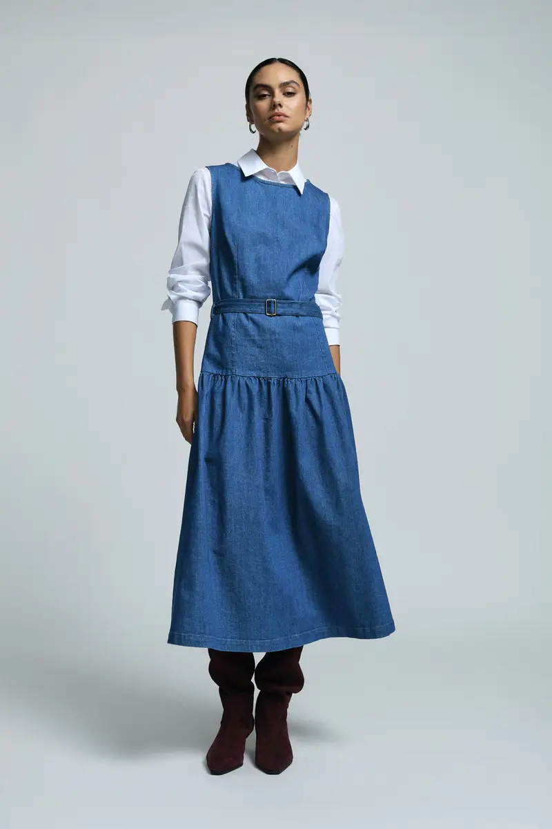 Abito lungo senza maniche con cintura in vita Blu denim miniatura 3