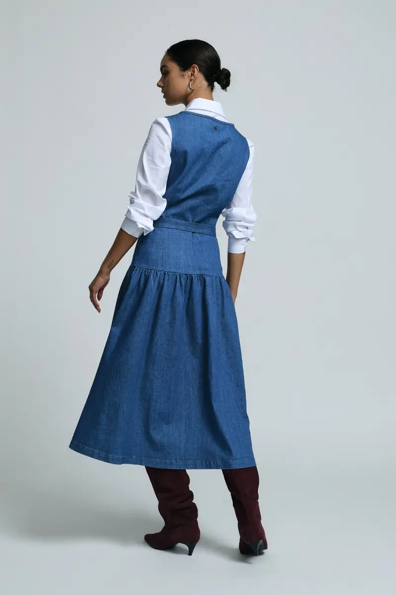 Abito lungo senza maniche con cintura in vita Blu denim miniatura 4