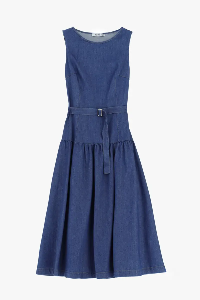 Abito lungo senza maniche con cintura in vita Blu denim