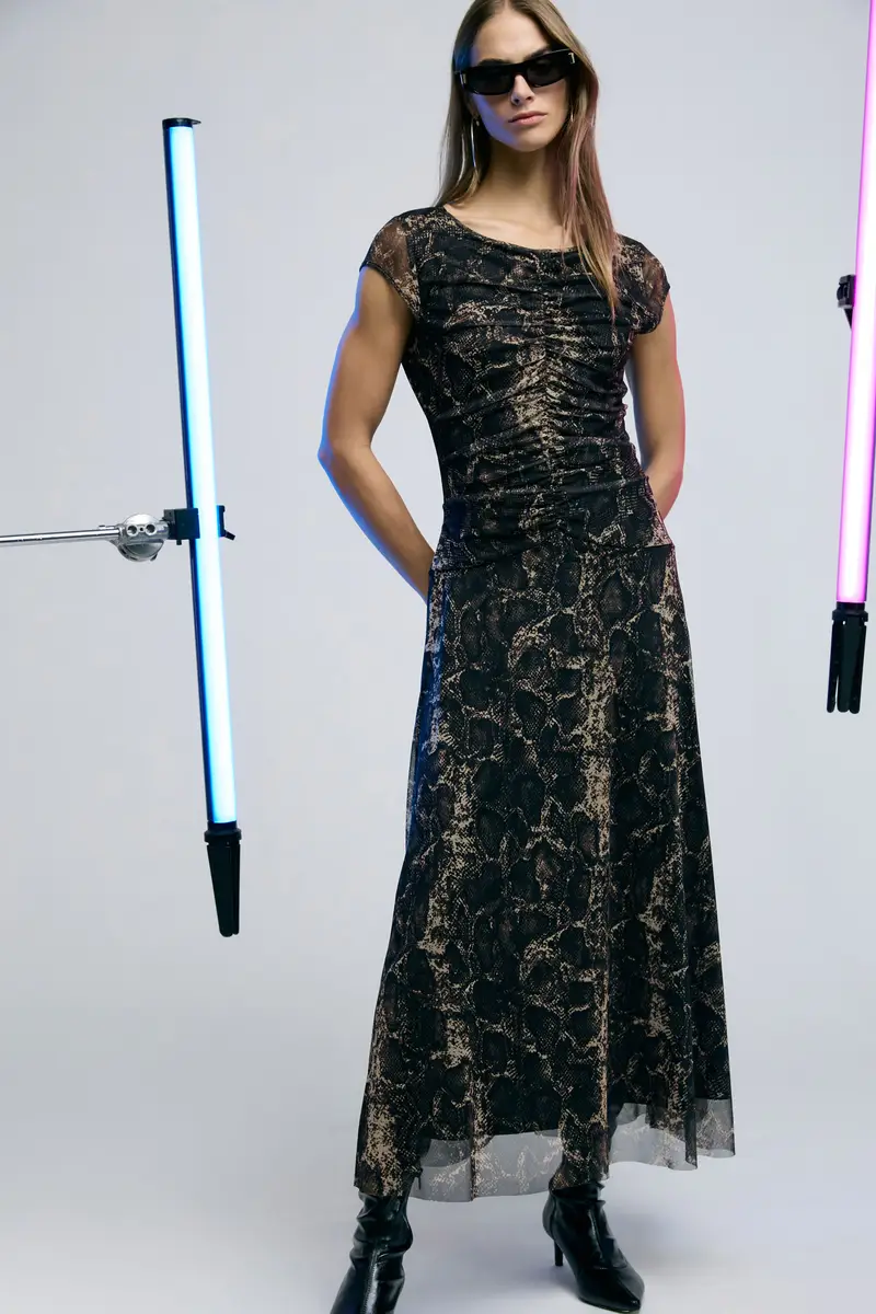 Abito lungo stampa animalier con arricciature Moro miniatura 2