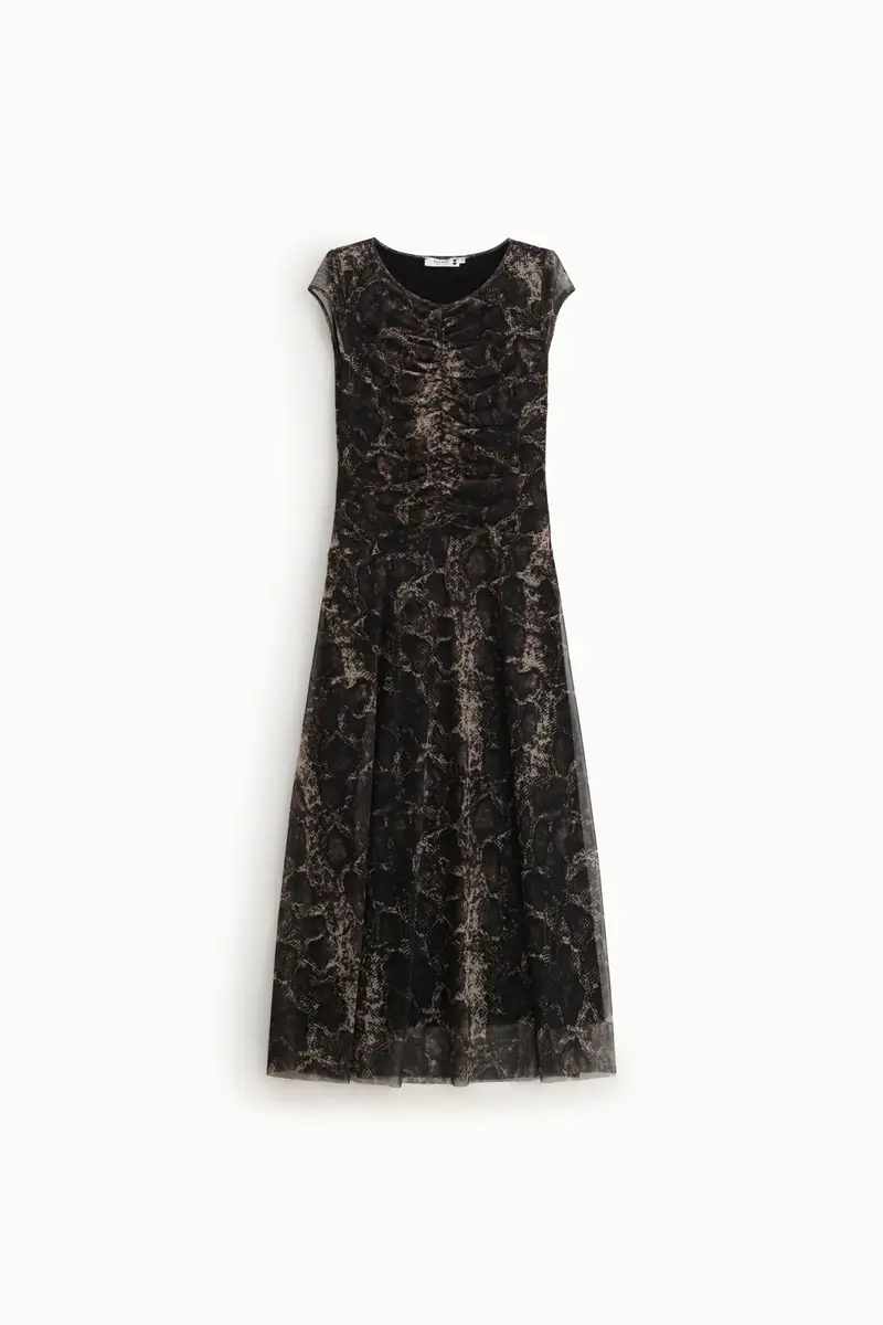 Abito lungo stampa animalier con arricciature Moro