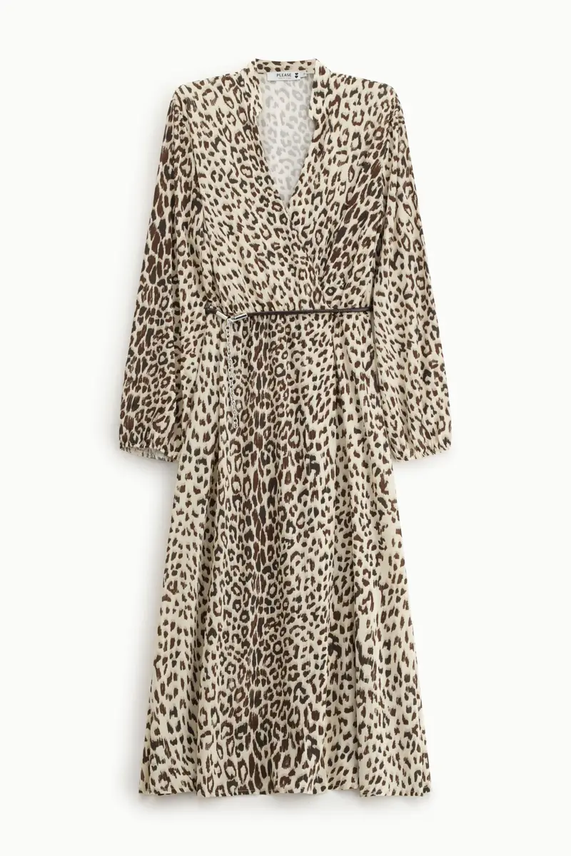 Abito midi stampa animalier con cintura Beige