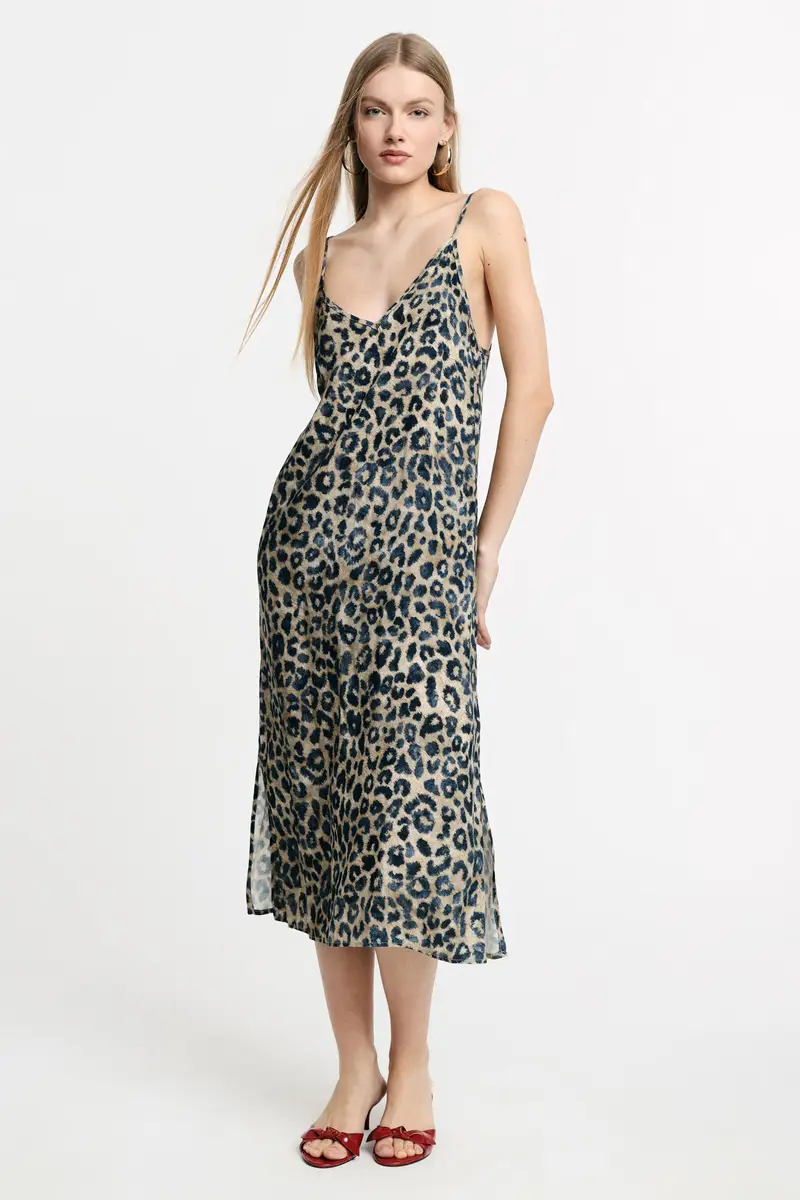 Abito midi stampa animalier con spalline sottili Beige miniatura 2