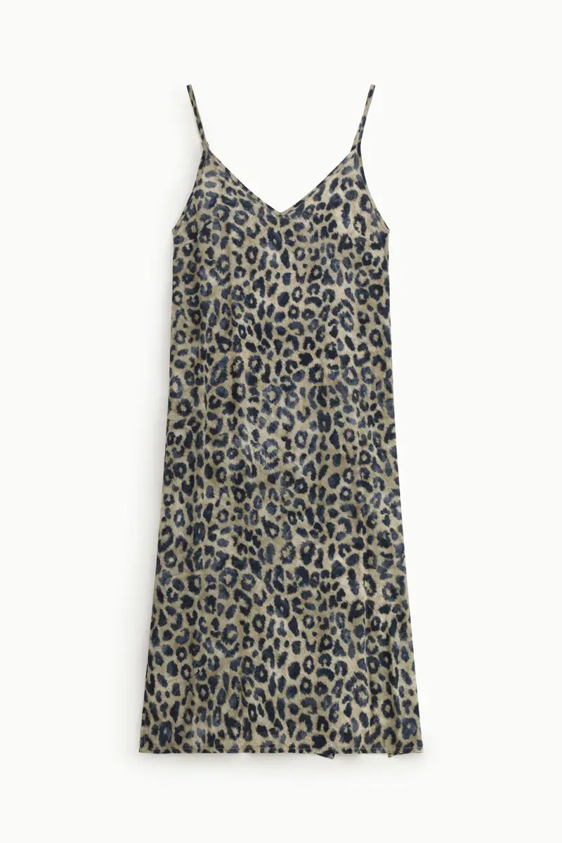 Abito midi stampa animalier con spalline sottili Beige