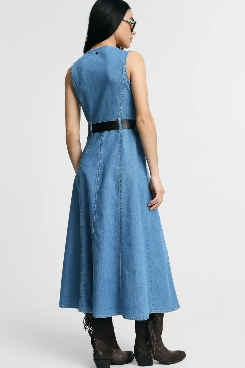 Abito midi svasato con tasche frontali e cintura Blu denim miniatura 3