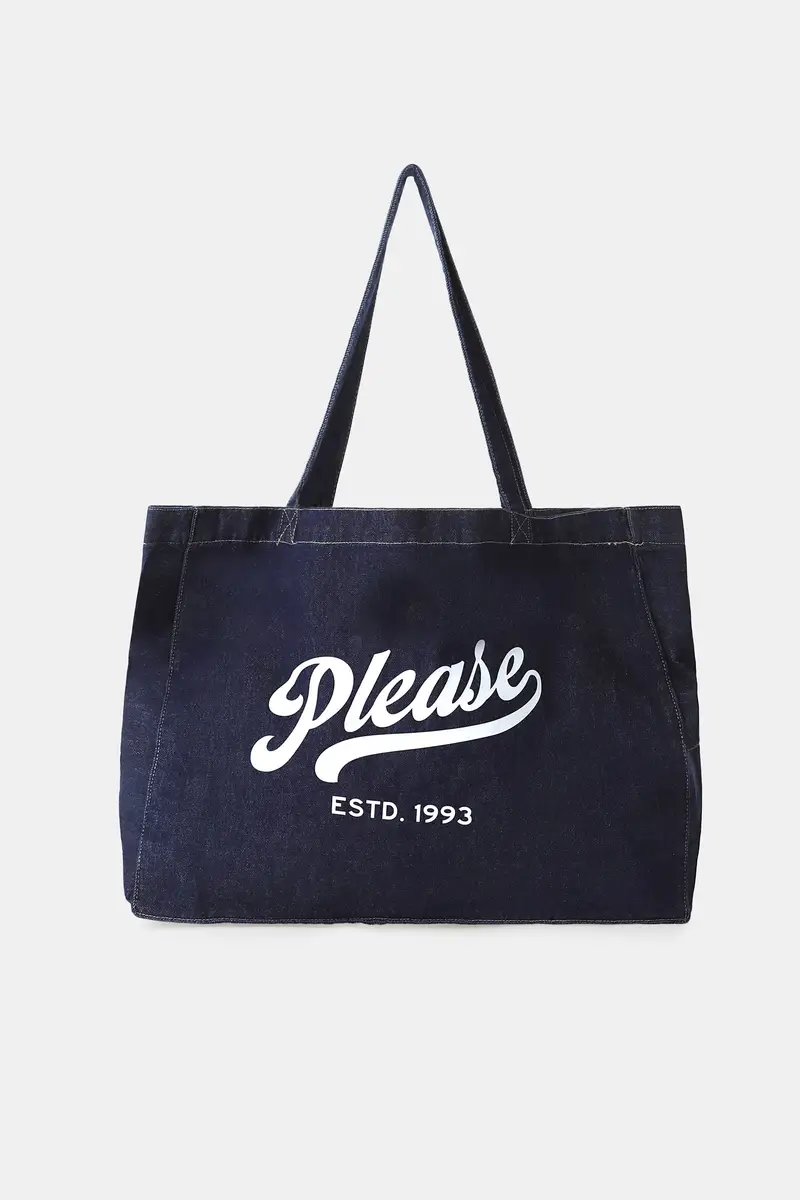 Bag shopper ampia stampa frontale logo Blu denim