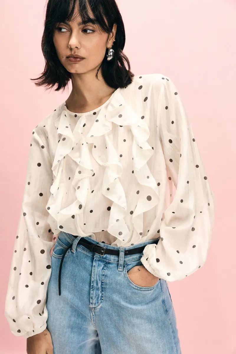 Blusa a pois con volant e maniche lunghe Panna miniatura 2