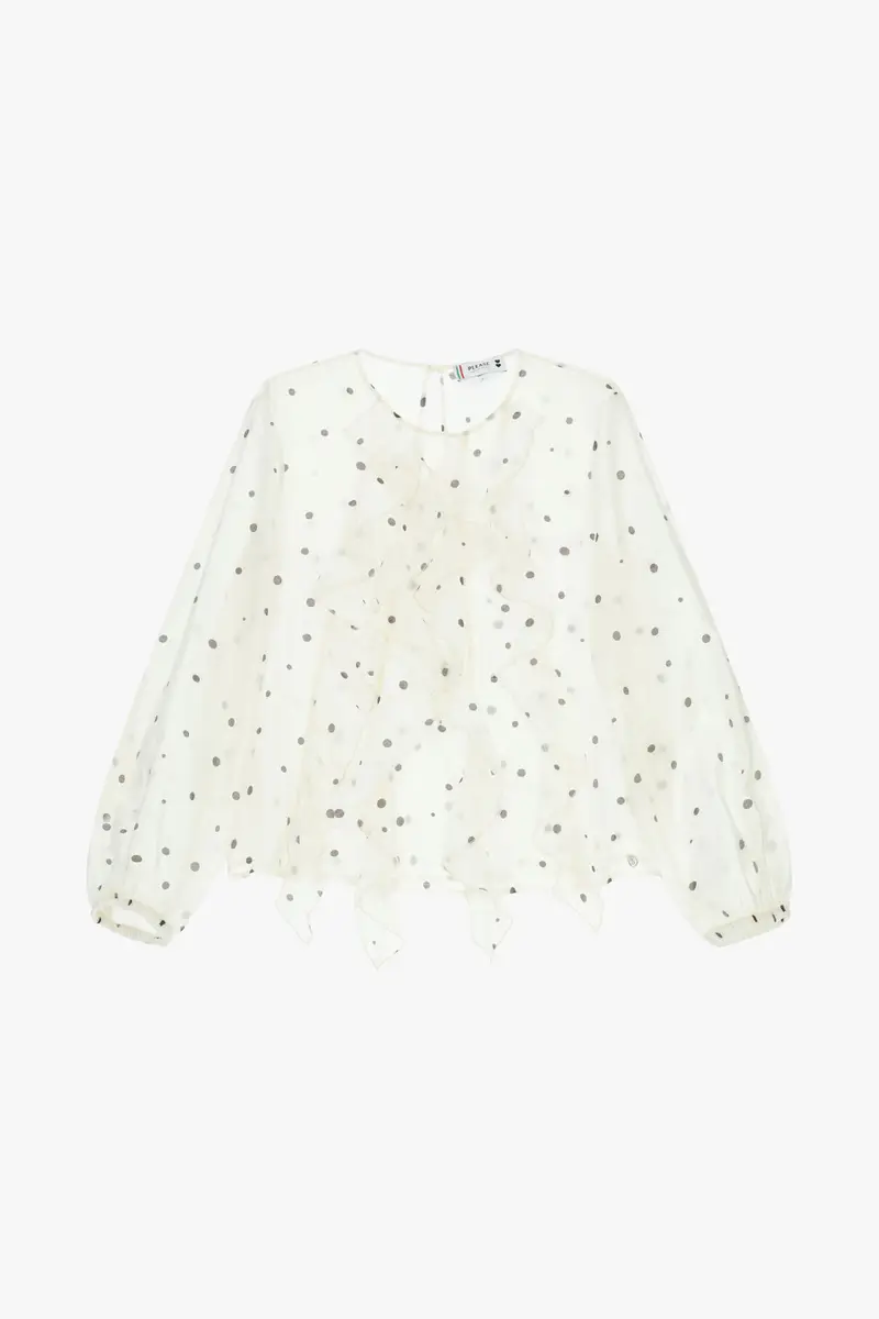 Blusa a pois con volant e maniche lunghe Panna