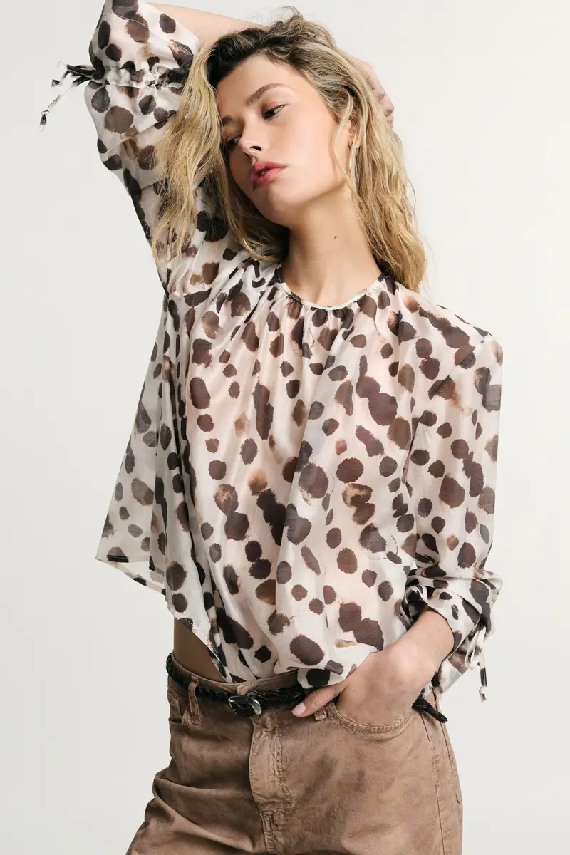 Blusa ampia stampa pois maniche lunghe con laccetti Avorio miniatura 2