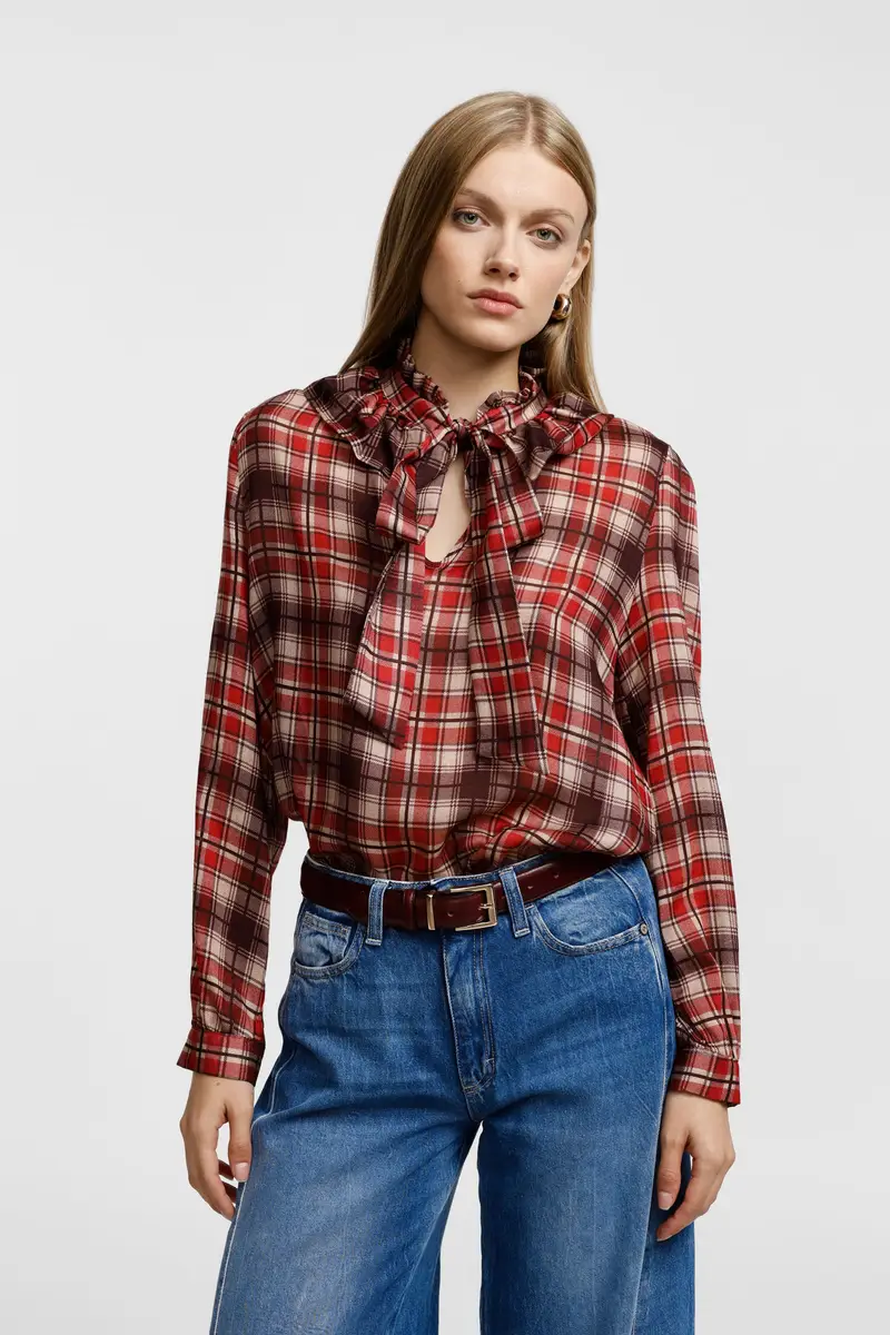 Blusa quadri con maniche lunghe e collo arricciato Beige miniatura 2