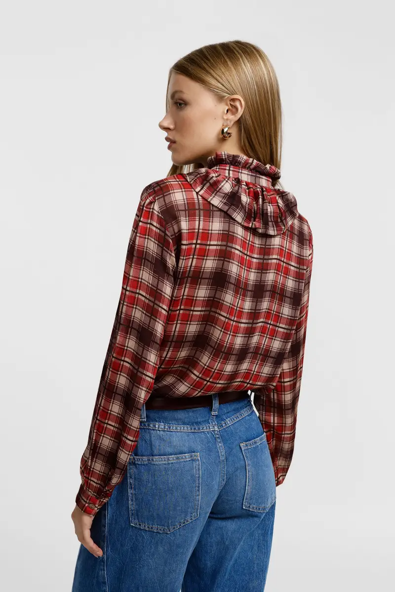 Blusa quadri con maniche lunghe e collo arricciato Beige miniatura 3