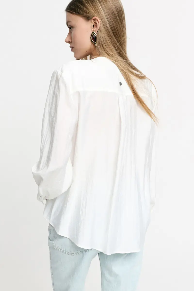 Blusa svasata con volant e scollo a v Bianco seta miniatura 3