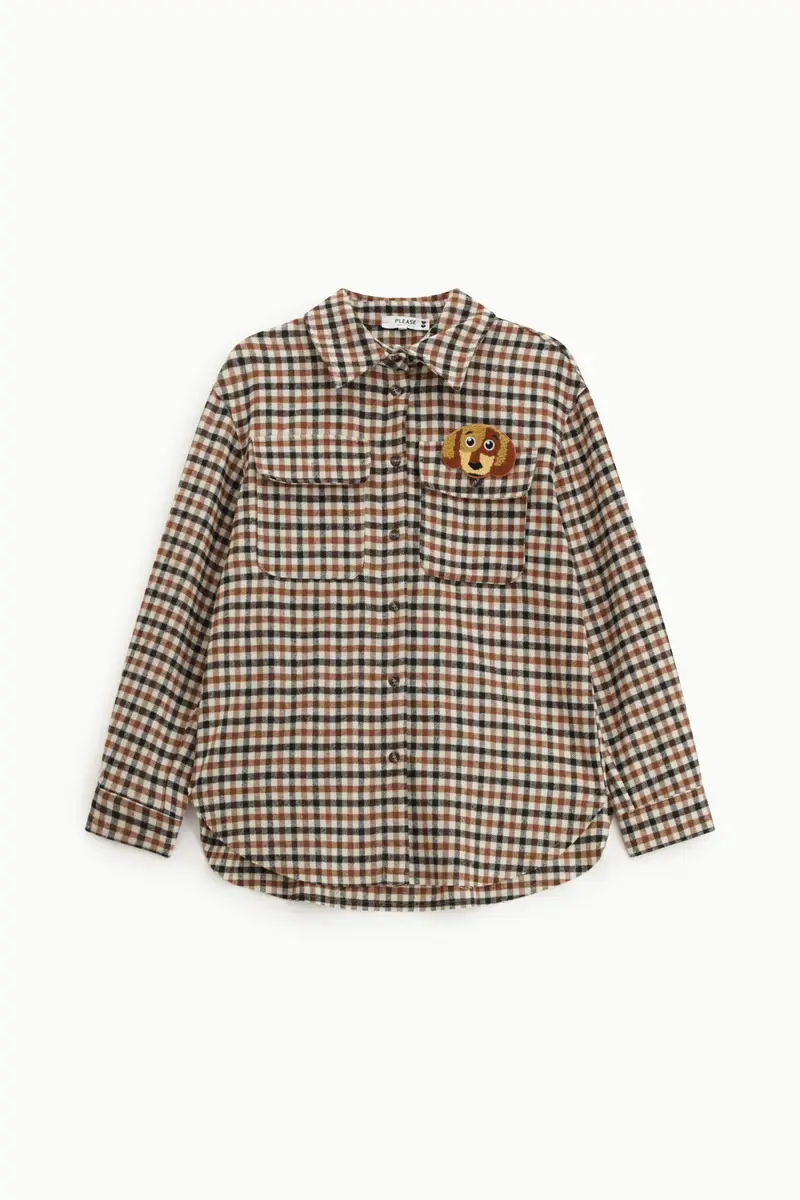 Camicia a quadri con taschini frontali e patch cane Panna