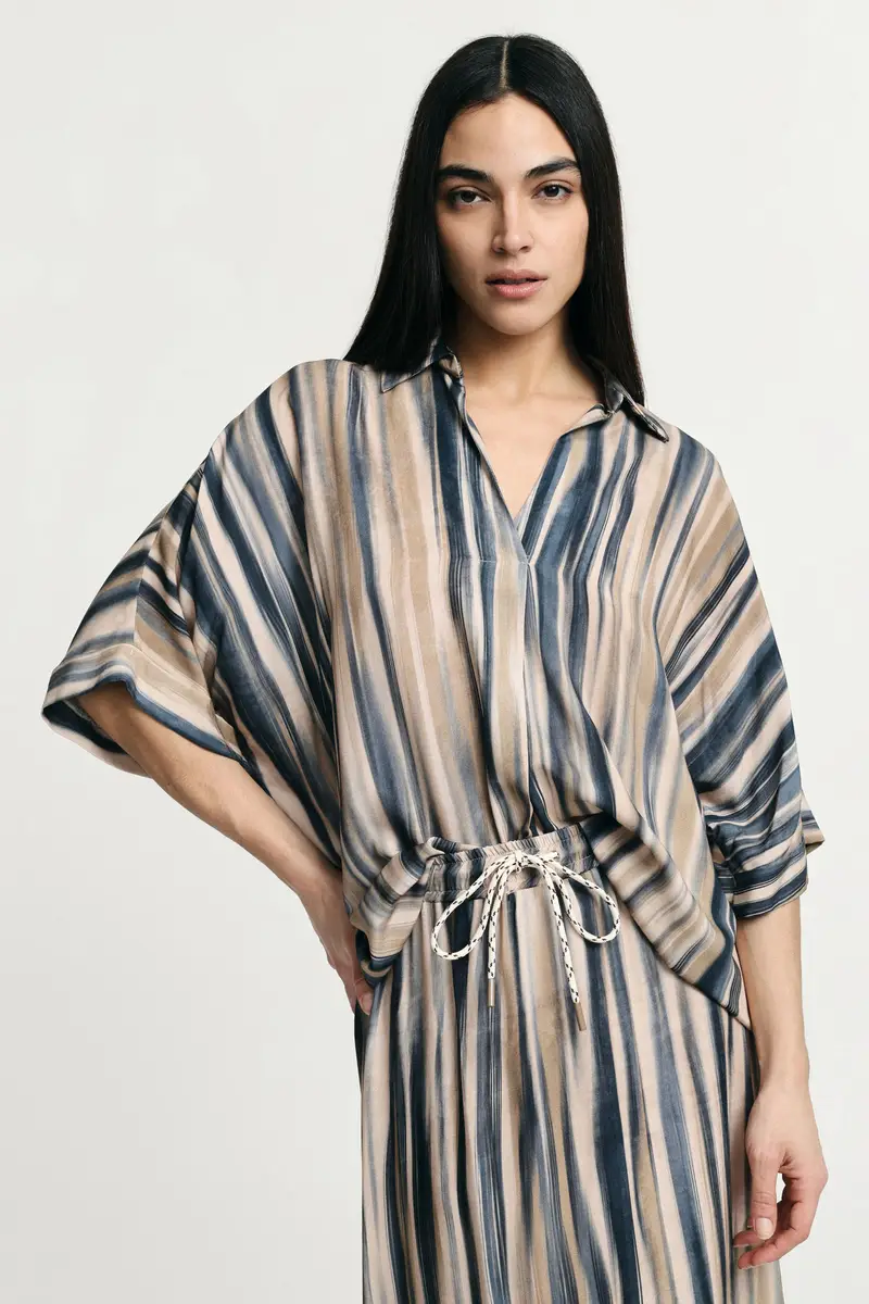 Camicia a righe con maniche ampie e collo classico Beige miniatura 2