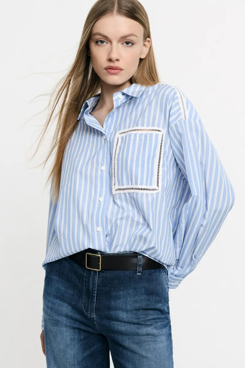 Camicia a righe con tasca e dettagli traforati Azzurro miniatura 2