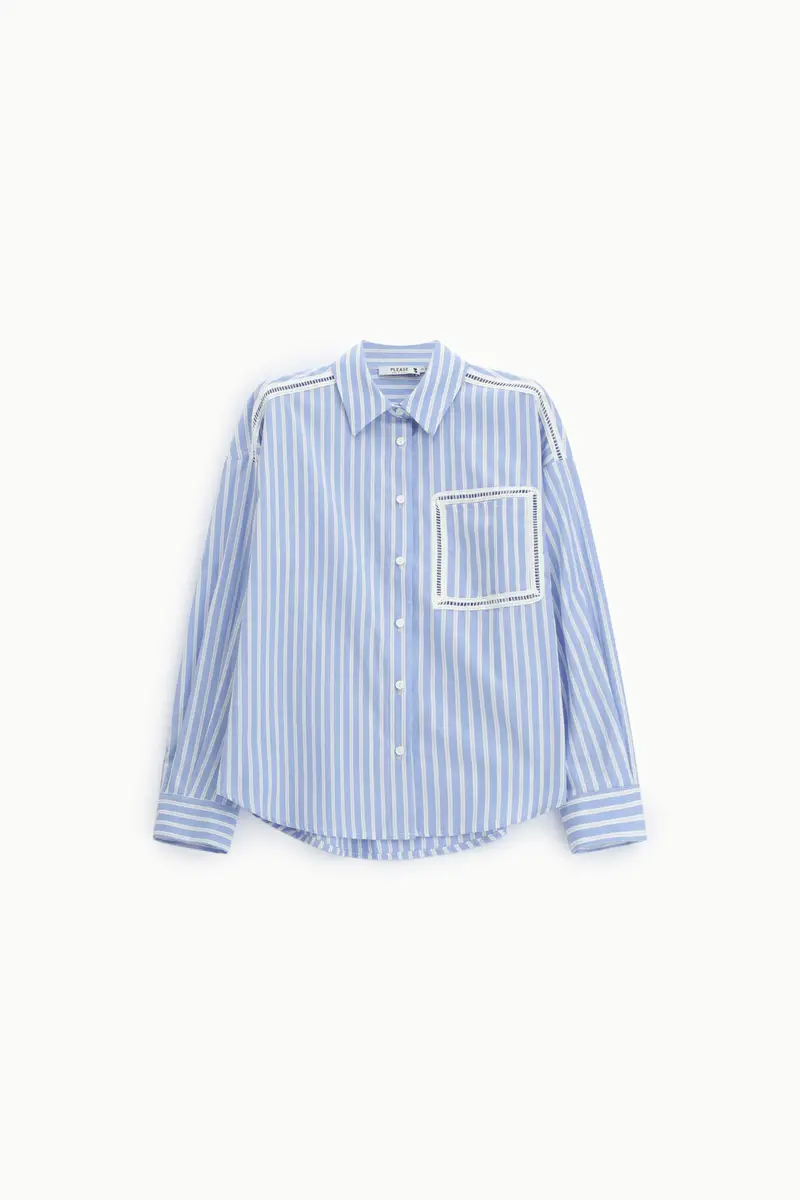 Camicia a righe con tasca e dettagli traforati Azzurro
