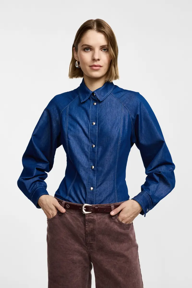 Camicia con bottoni e cuciture sagomate Blu denim miniatura 2