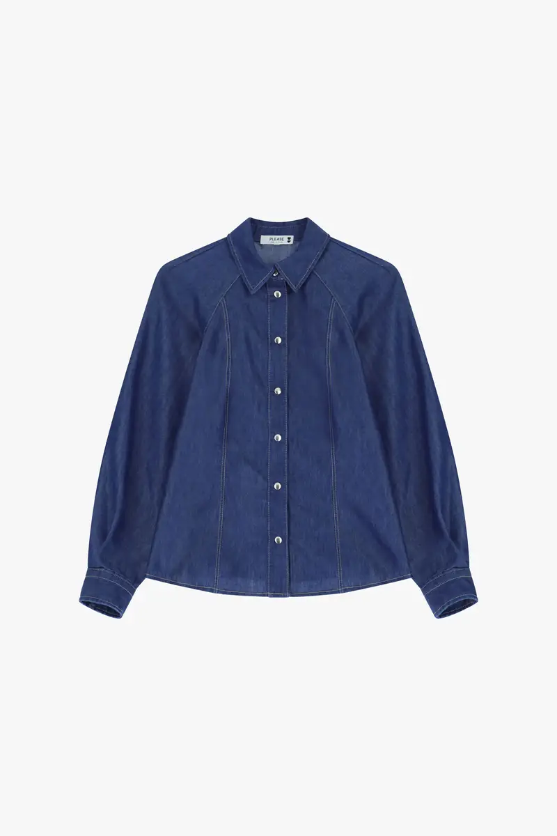 Camicia con bottoni e cuciture sagomate Blu denim