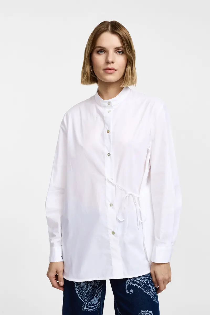 Camicia con colletto alla coreana e coulisse laterale Bianco miniatura 2