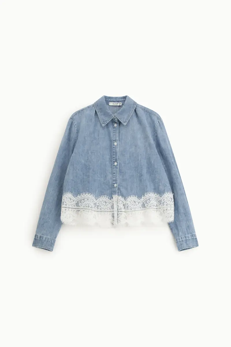 Camicia con collo classico e bordo in pizzo Blu denim