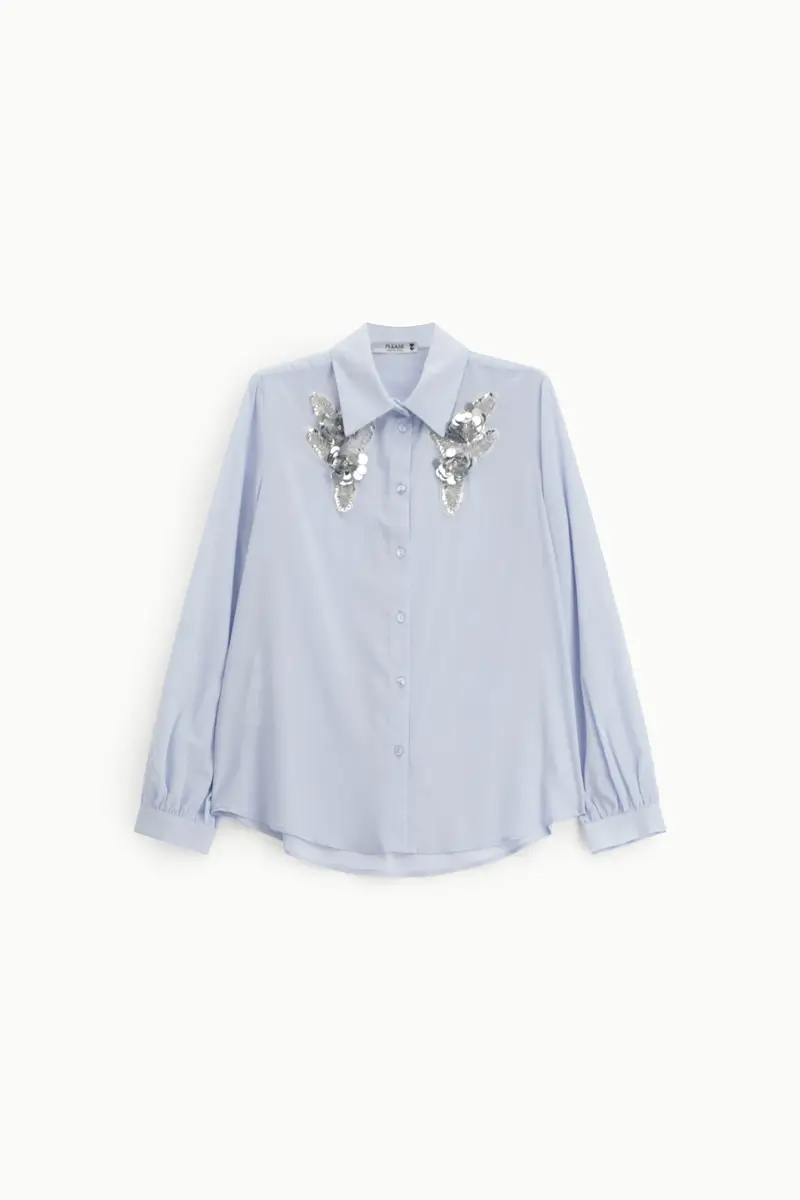 Camicia con ricami applicati e maniche lunghe Celeste