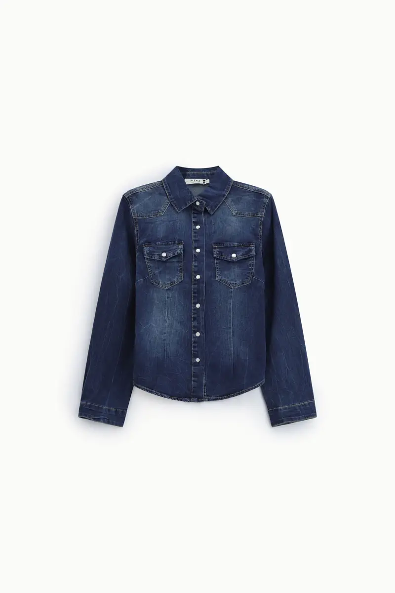 Camicia con tasche a pattina e chiusura con bottoni Blu denim