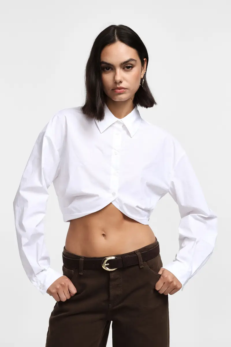 Camicia cropped con colletto classico e maniche lunghe Bianco miniatura 2