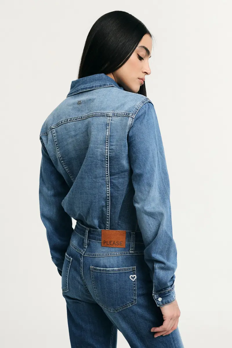 Camicia denim con tasche frontali e polsini abbottonati Blu denim miniatura 3