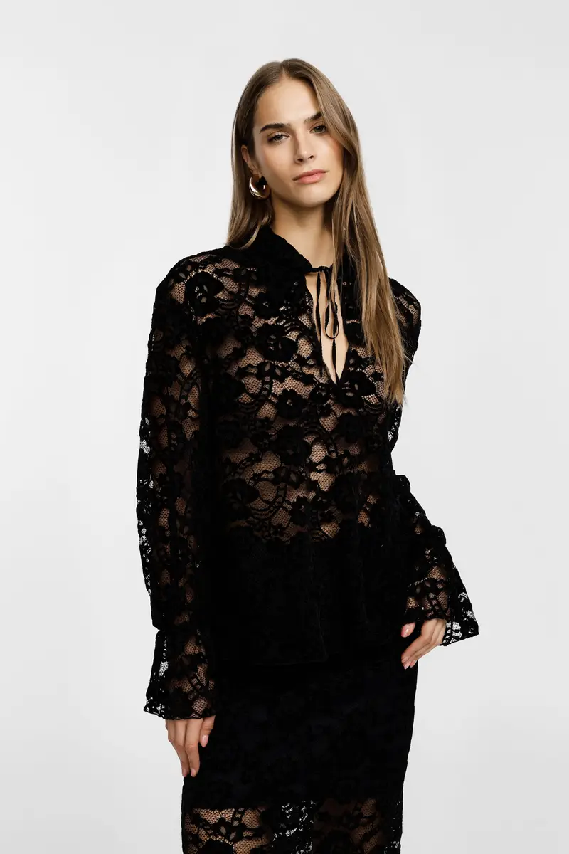 Camicia in pizzo con maniche lunghe e collo classico Nero miniatura 3