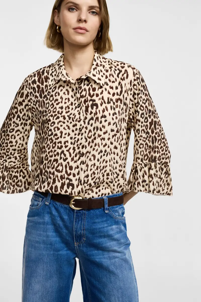 Camicia maniche 3/4 stampa animalier con collo classico Beige miniatura 2