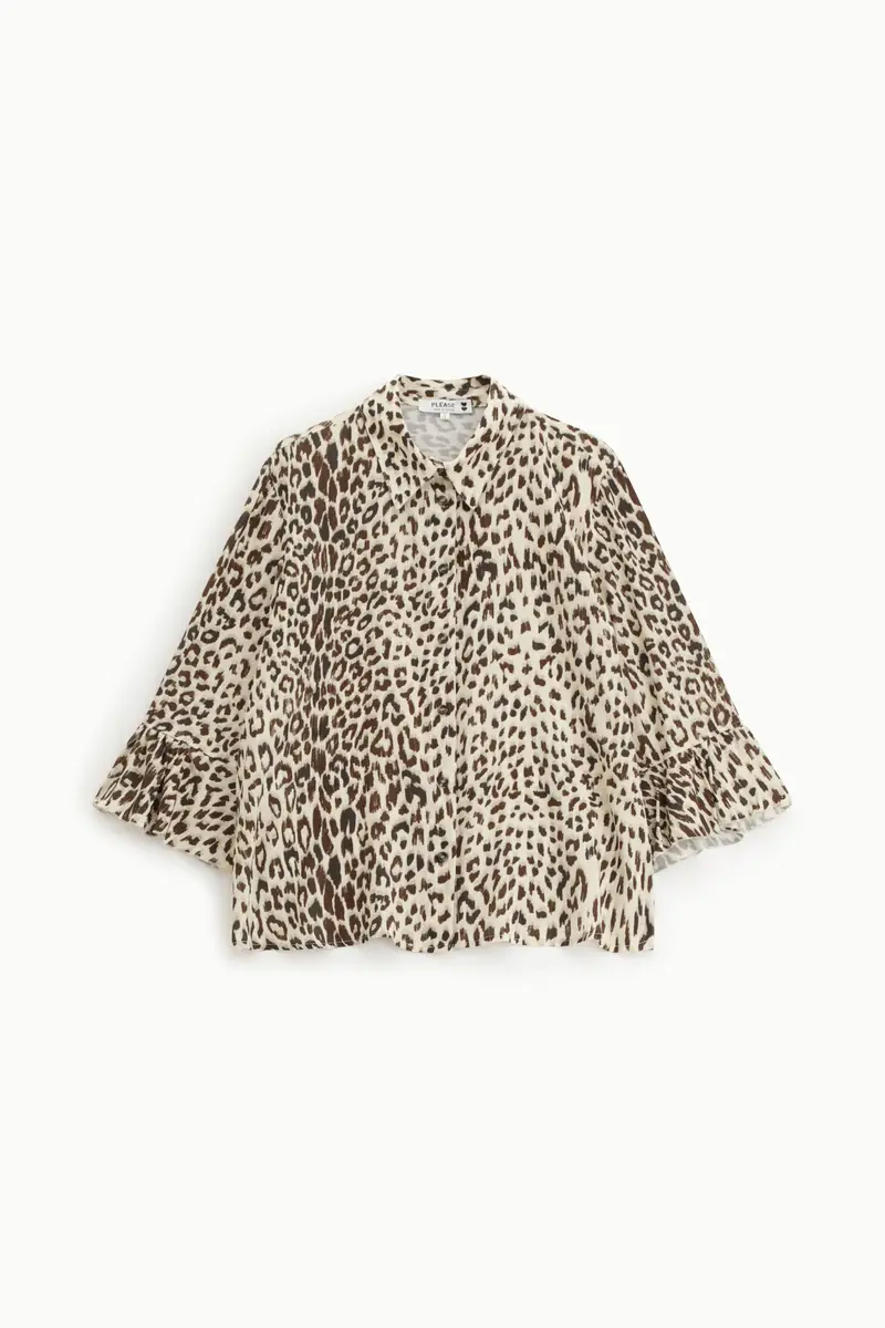 Camicia maniche 3/4 stampa animalier con collo classico Beige