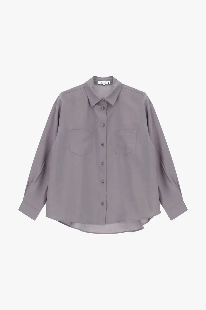 Camicia monocolour con colletto classico e taschini applicati Grigio