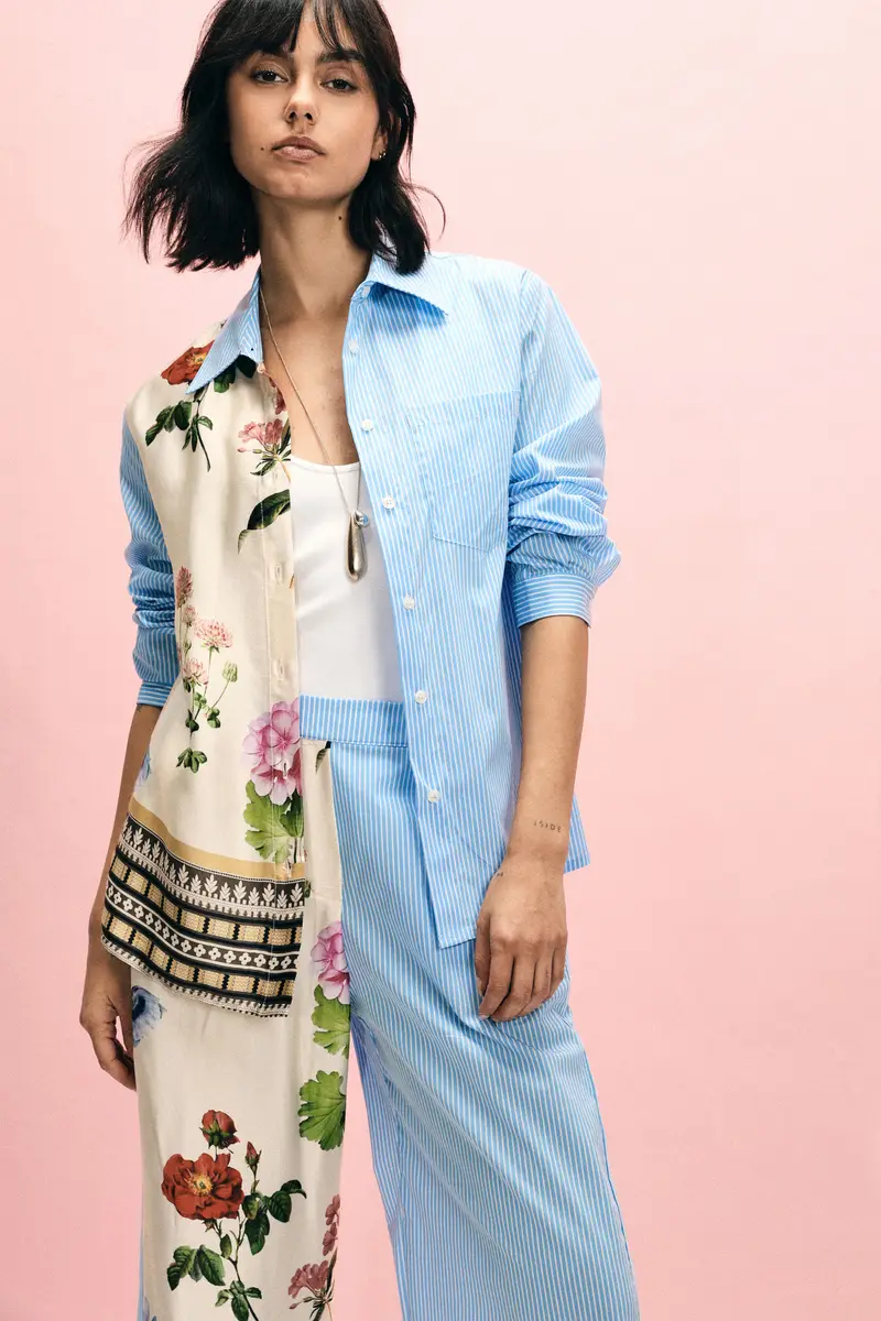 Camicia regular con righe e inserti floreali Azzurro miniatura 2