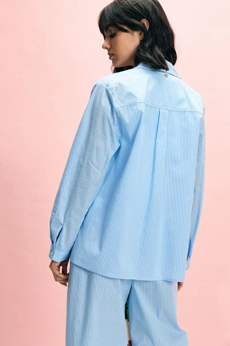 Camicia regular con righe e inserti floreali Azzurro miniatura 3