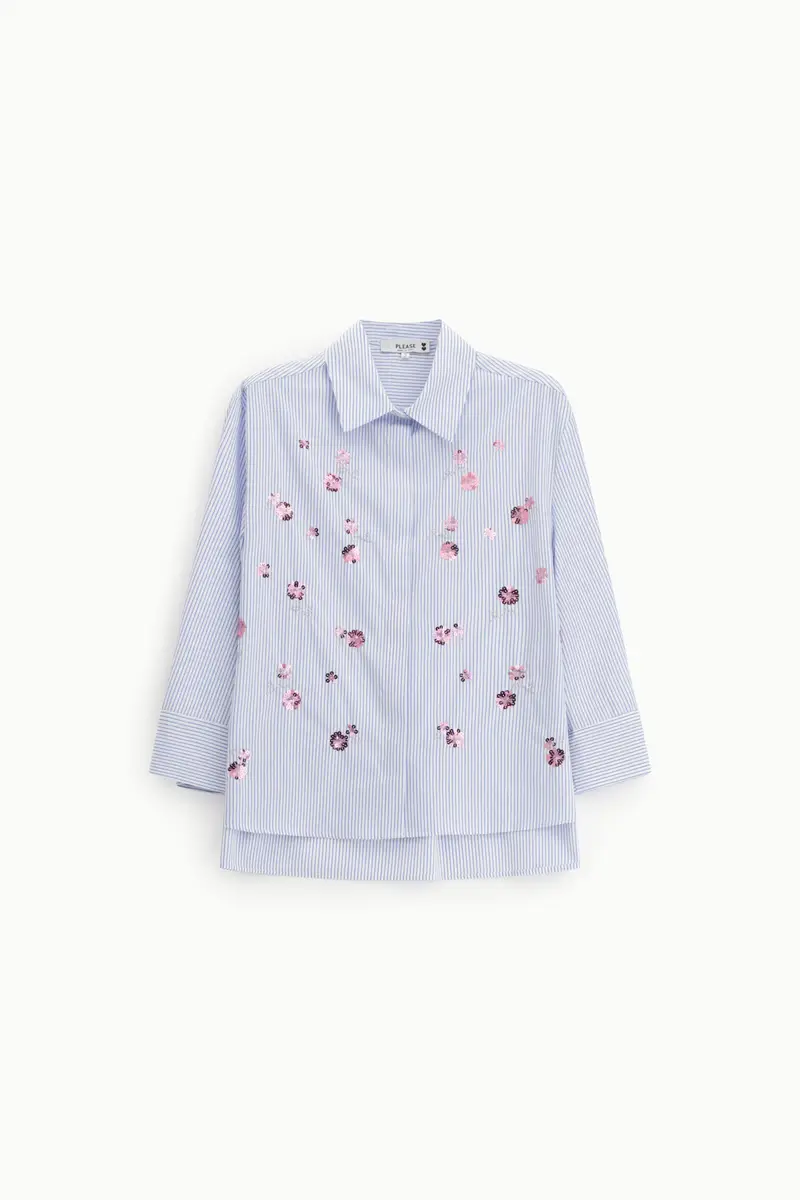 Camicia rigata con fiori ricamati e maniche 3/4 Bianco