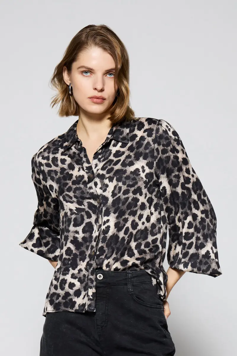 Camicia stampa maculata, collo classico, maniche lunghe Beige miniatura 2