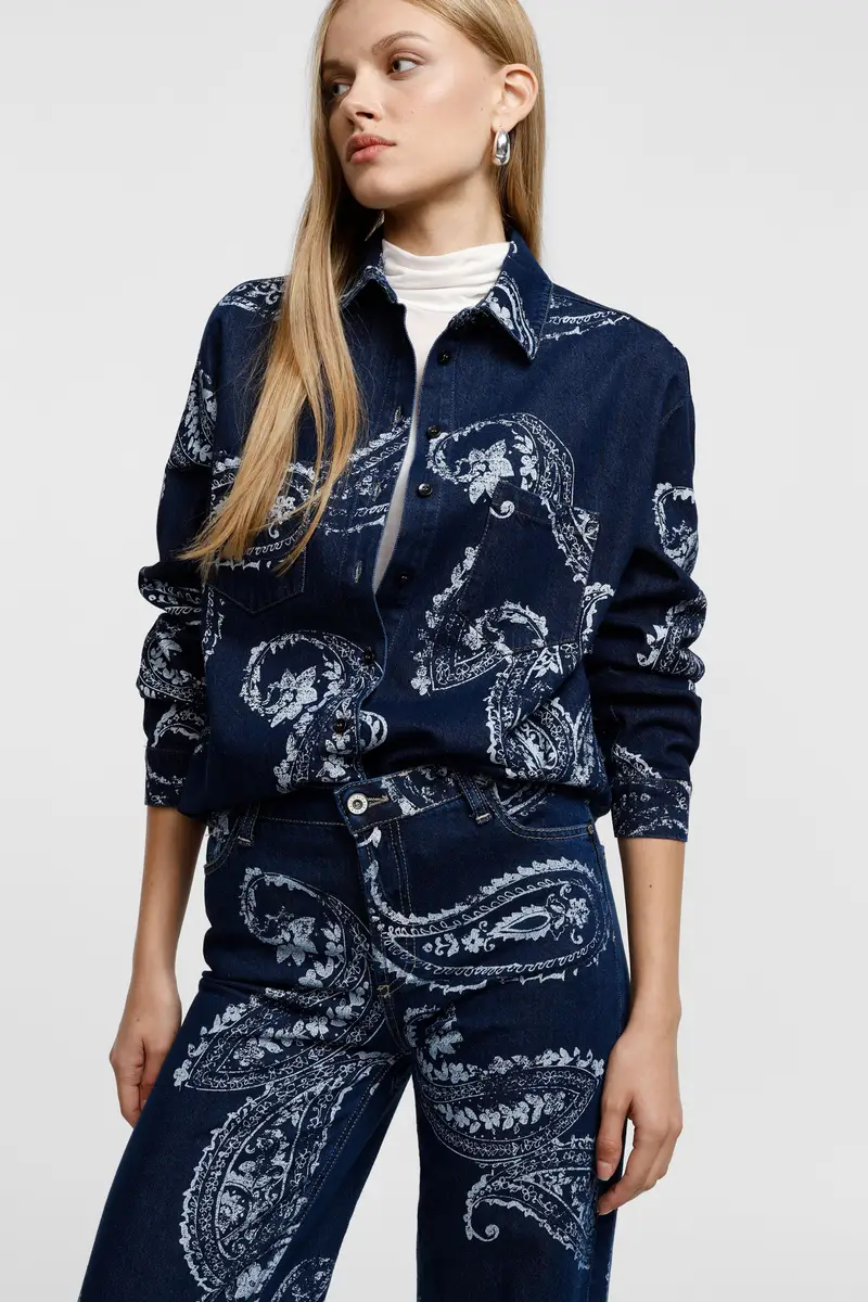 Camicia stampa paisley con tasche frontali Blu denim miniatura 2