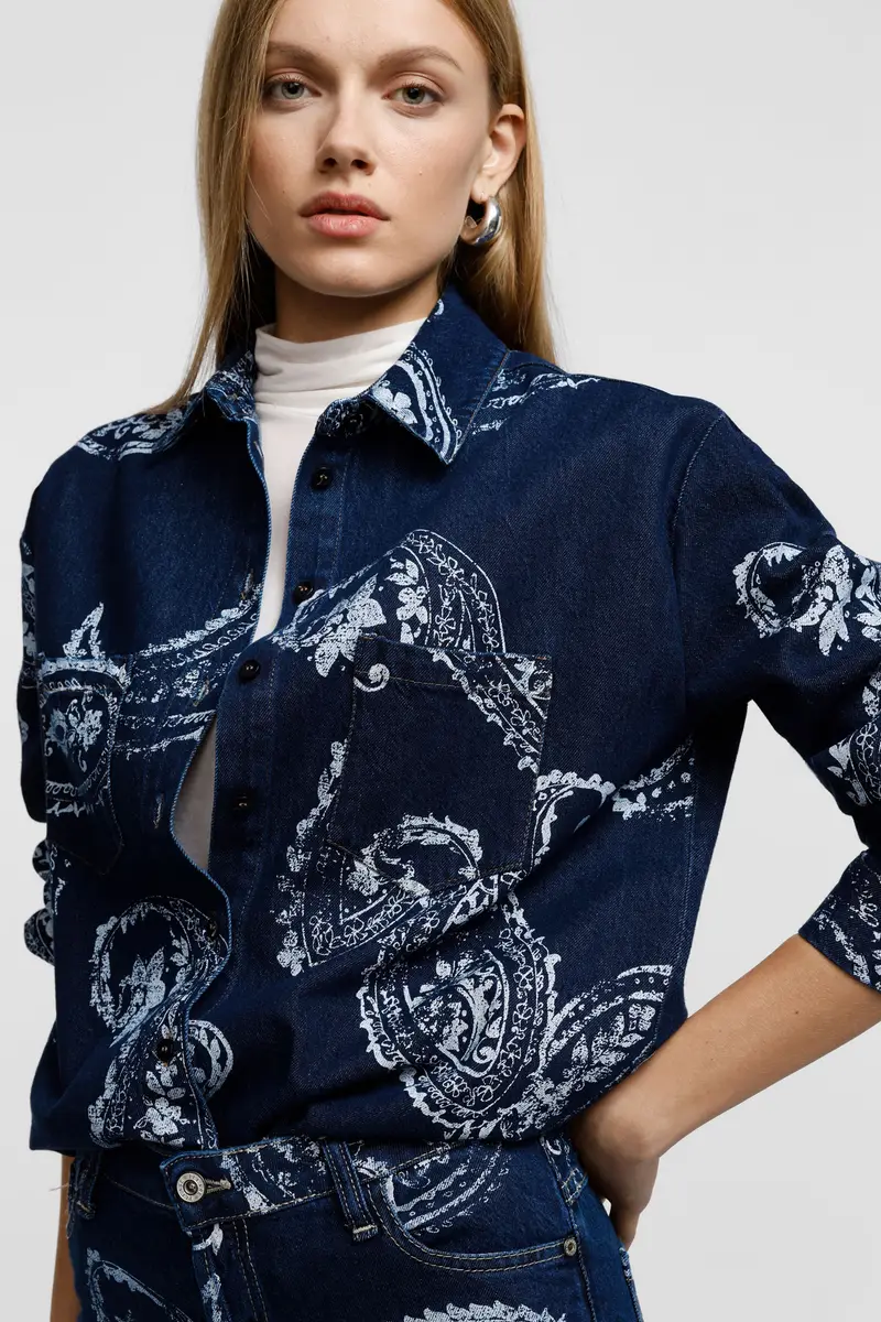 Camicia stampa paisley con tasche frontali Blu denim miniatura 3