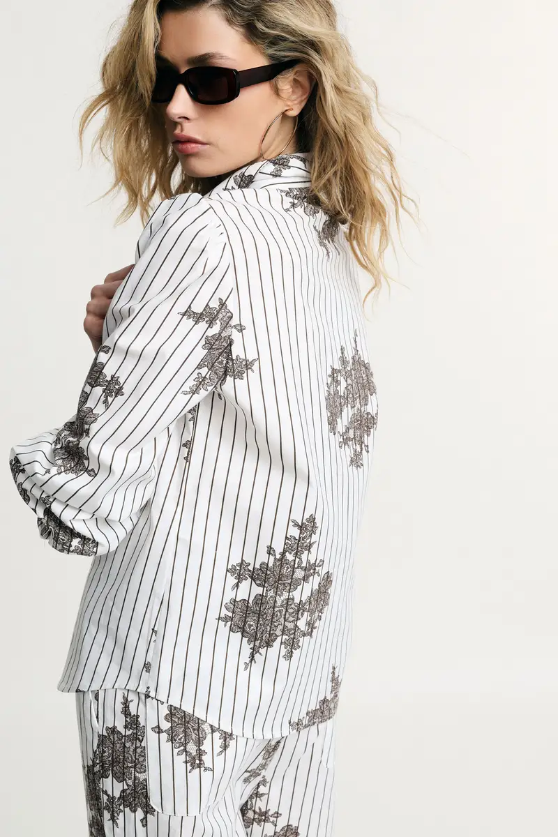 Camicia stampa righe e pizzo con bottoni Bianco miniatura 3