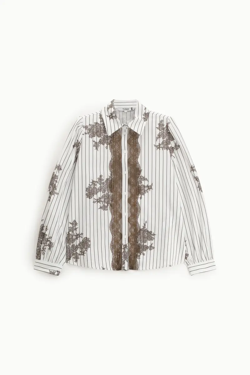Camicia stampa righe e pizzo con bottoni Bianco